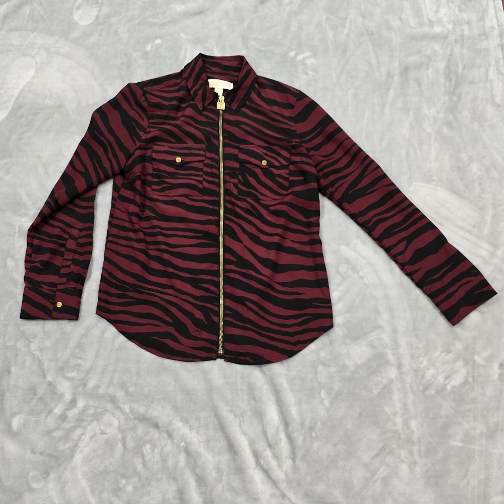 Michael Kors Black/Red Zebra Print Zip Front Ladies Shirt M Convertible Sleeves